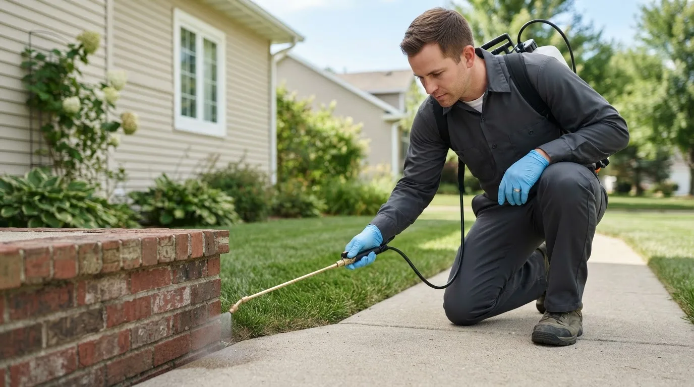 Pest control technician treating a home near Bridgeport, OR